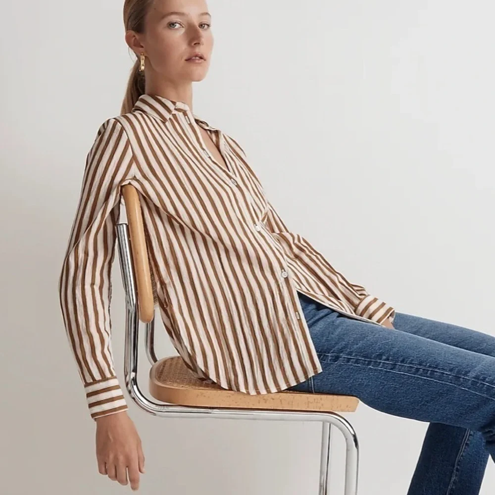 Madewell Crinkled Button Up Shirt Toffee Brown Striped XS - Picture 3 of 10